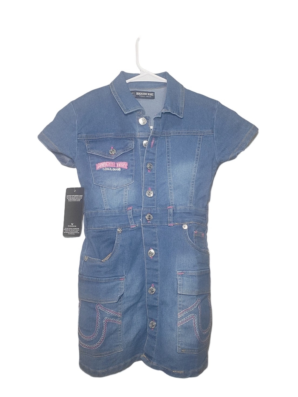 True Religion Denim Button-Front Dress with Pink Stitching